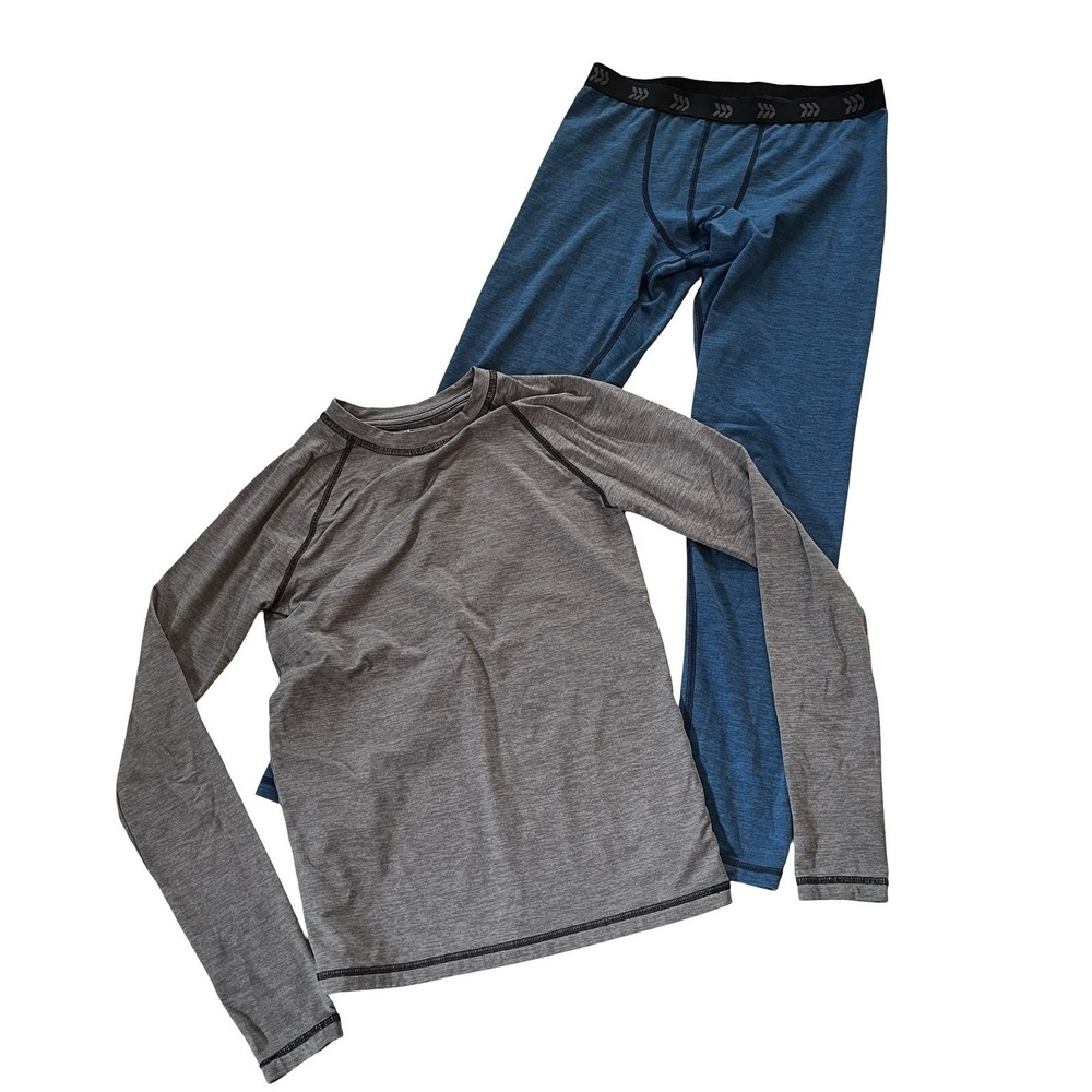 All In Motion Boys Size L 12-14 Thermal Base Layer Set Shirt & Legging Blue Gray